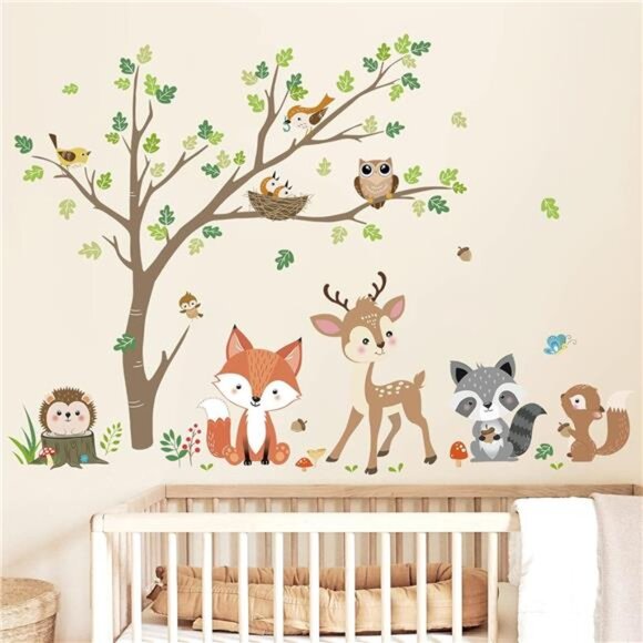 decalmile Woodland Animals Tree Wall Stickers Fox Deer Owl Wall Decals - Picture 1 of 7